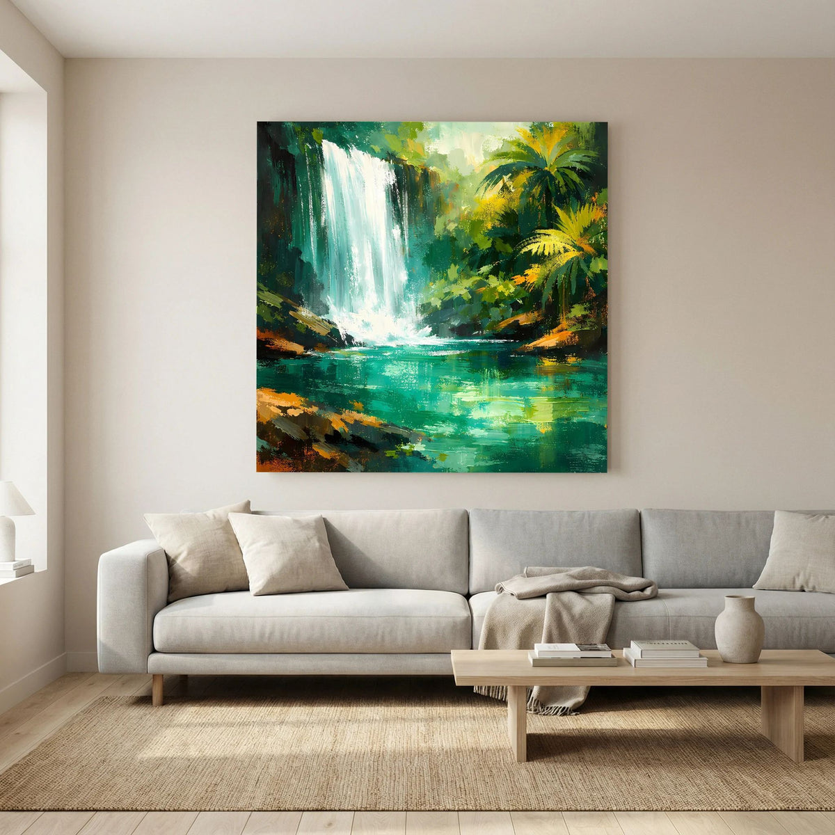 Leinwand-Wandbild mit Wasserfall, üppigem Grün und gelben Palmen über türkisfarbenem Fluss
