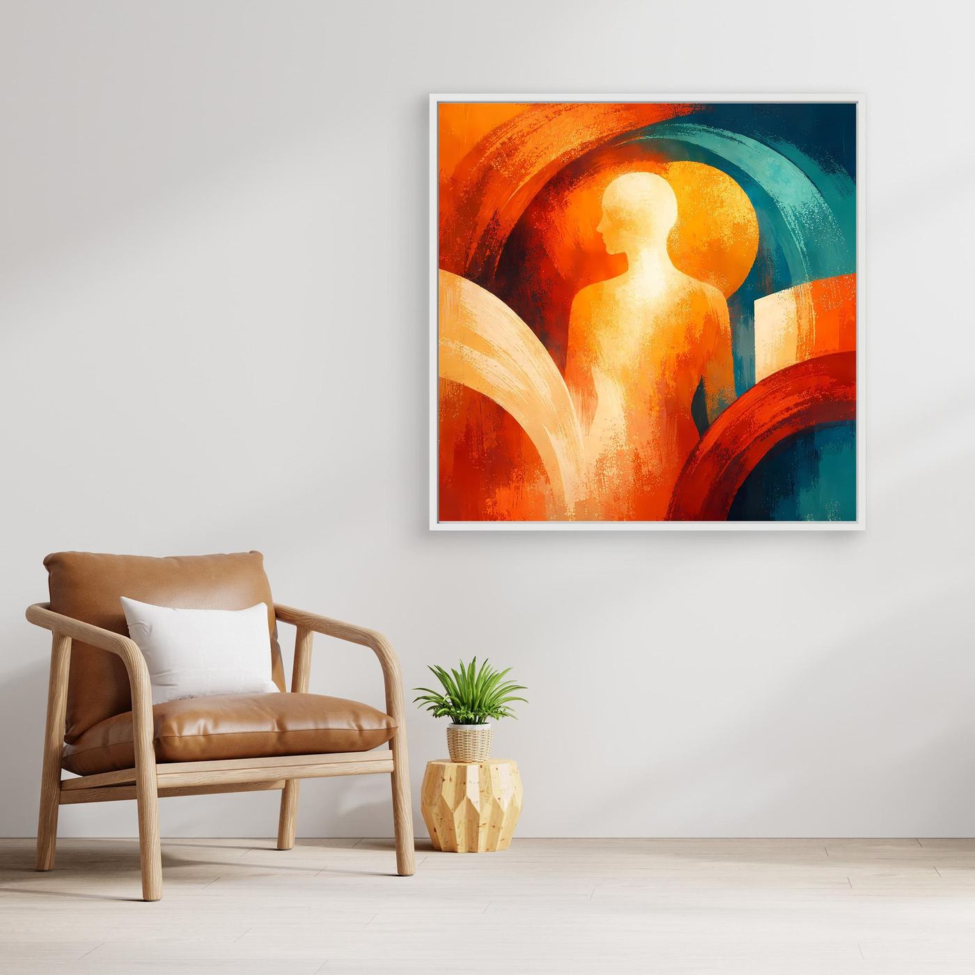 Abstraktes Wandbild mit Silhouettenfigur und leuchtendem Kreis in Orange, Rot und Türkis