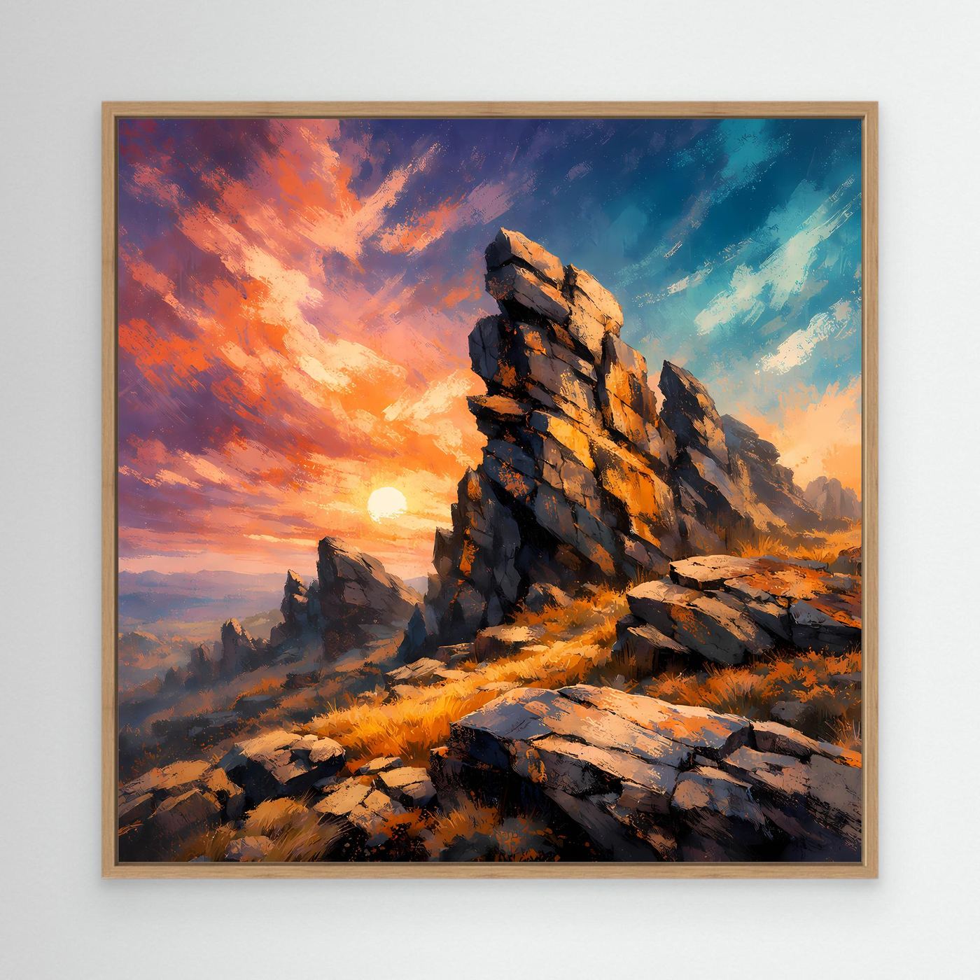 Premium Leinwand Monumentale Felsformation im Sonnenuntergang | Abstraktes Gebirge Wandbild