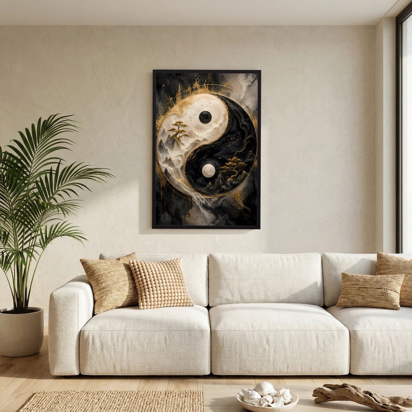 Vertikales Poster mit Yin-Yang-Motiv im schwarzen Rahmen an der Wand, Schwarz-Gold, Berge
