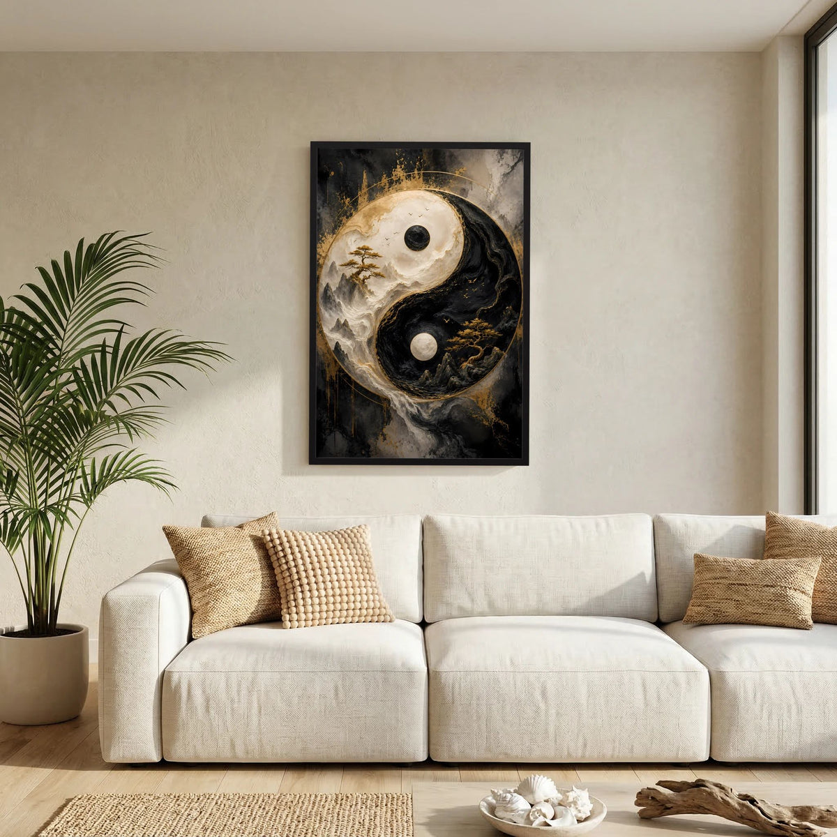 Vertikales Poster mit Yin-Yang-Motiv im schwarzen Rahmen an der Wand, Schwarz-Gold, Berge