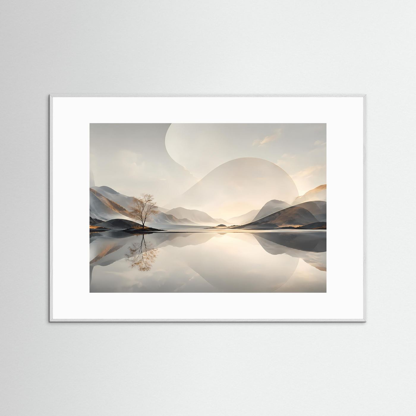 Minimalistische Berglandschaft Poster | Abstrakte Natur Landschaft Wandbild | Spiegelnder See | Modernes Panorama | Premium Leinwand Wall Art