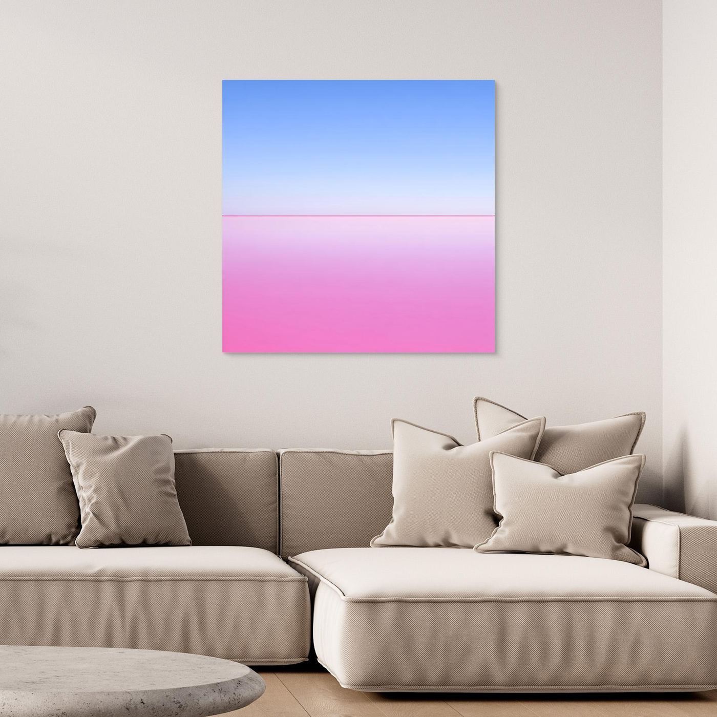 Abstraktes Horizont-Leinwandbild mit Blau-Pink-Verlauf, quadratisch