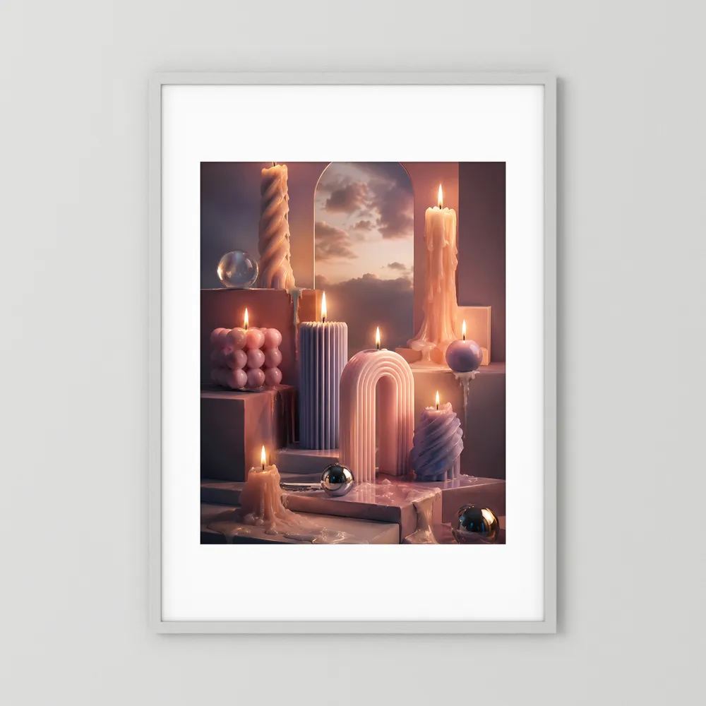 Hochformat-Poster mit Kerzenszene in Pastellrosa im weißen Rahmen mit weißem Passepartout