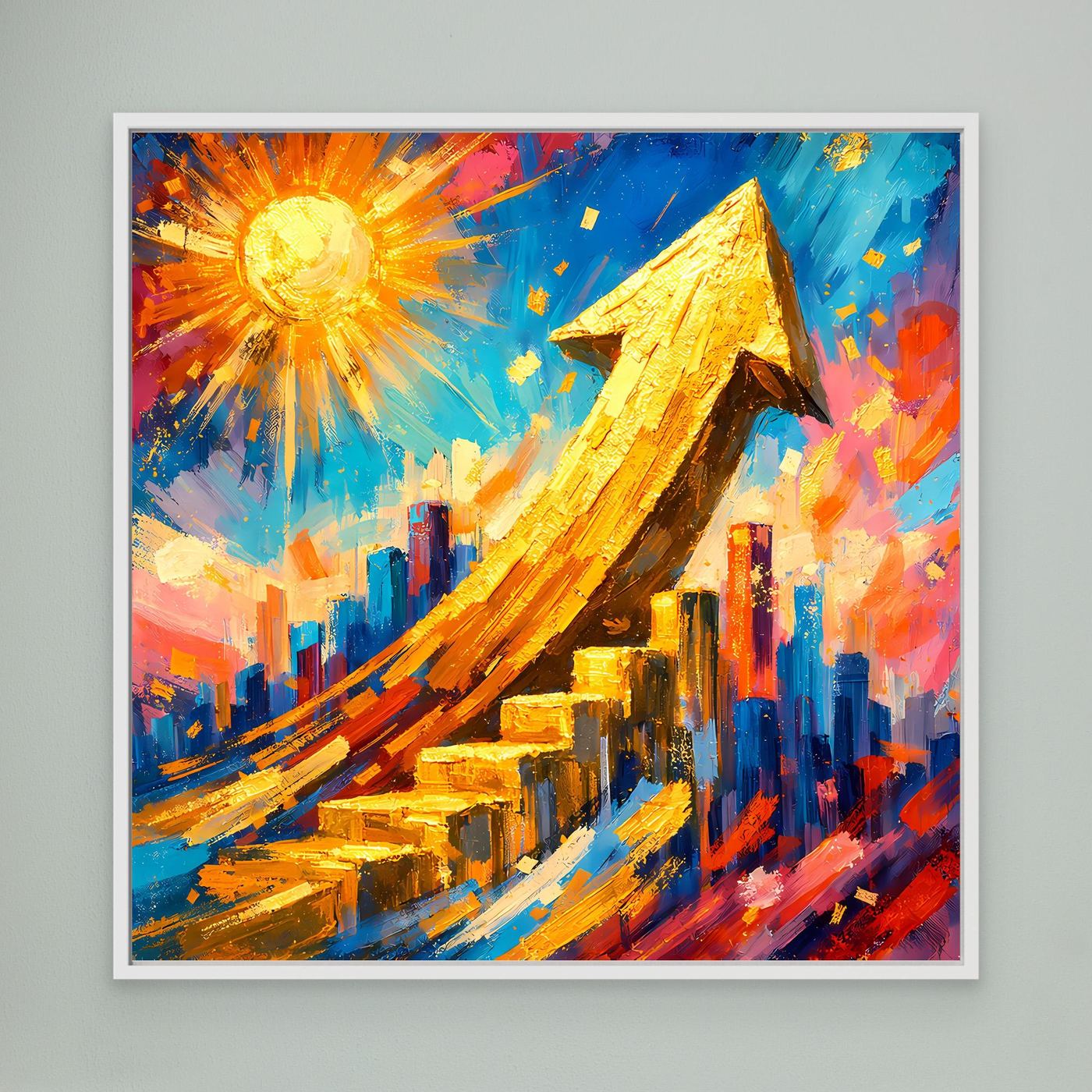 Gerahmtes Leinwandbild mit goldener Pfeil-Skyline und bunten Farbstrahlen