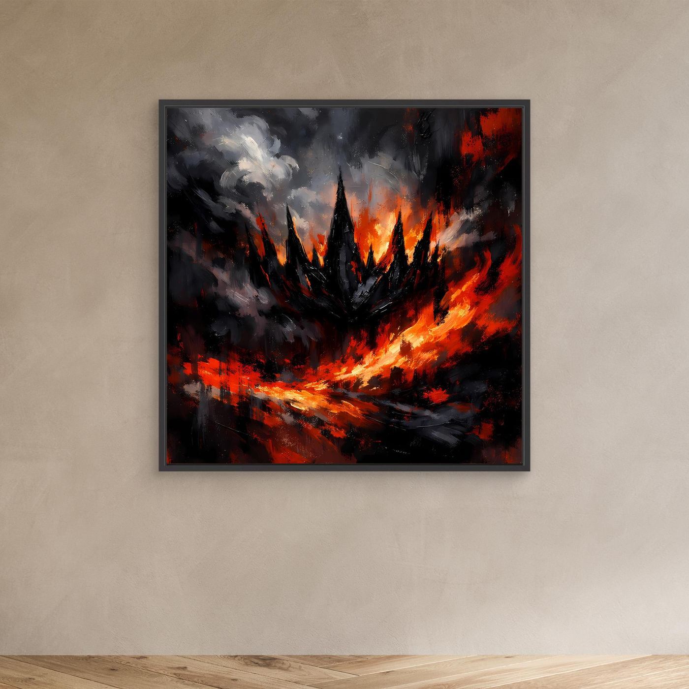 Abstraktes Fantasy-Wandbild mit schwarzem Rahmen: rote Feuer- und Rauchspuren