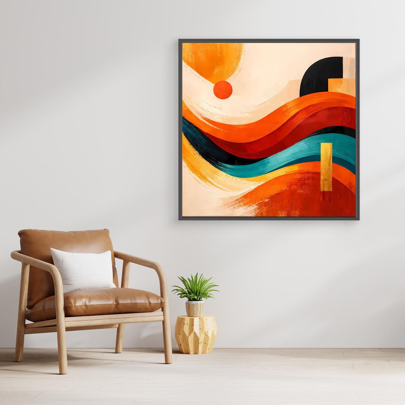 Abstraktes Leinwandbild mit Dünenlinien in Orange, Blau und Schwarz, schwarz gerahmt