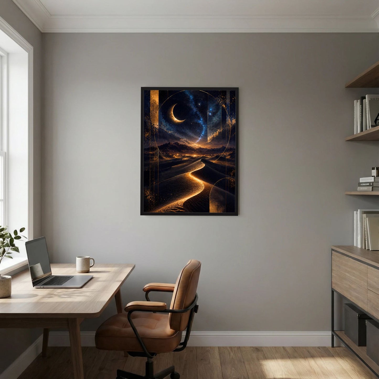 Hochformat-Poster mit Mondsichel, Sternenhimmel und goldenen Dünenwegen, im schwarzen Rahmen.