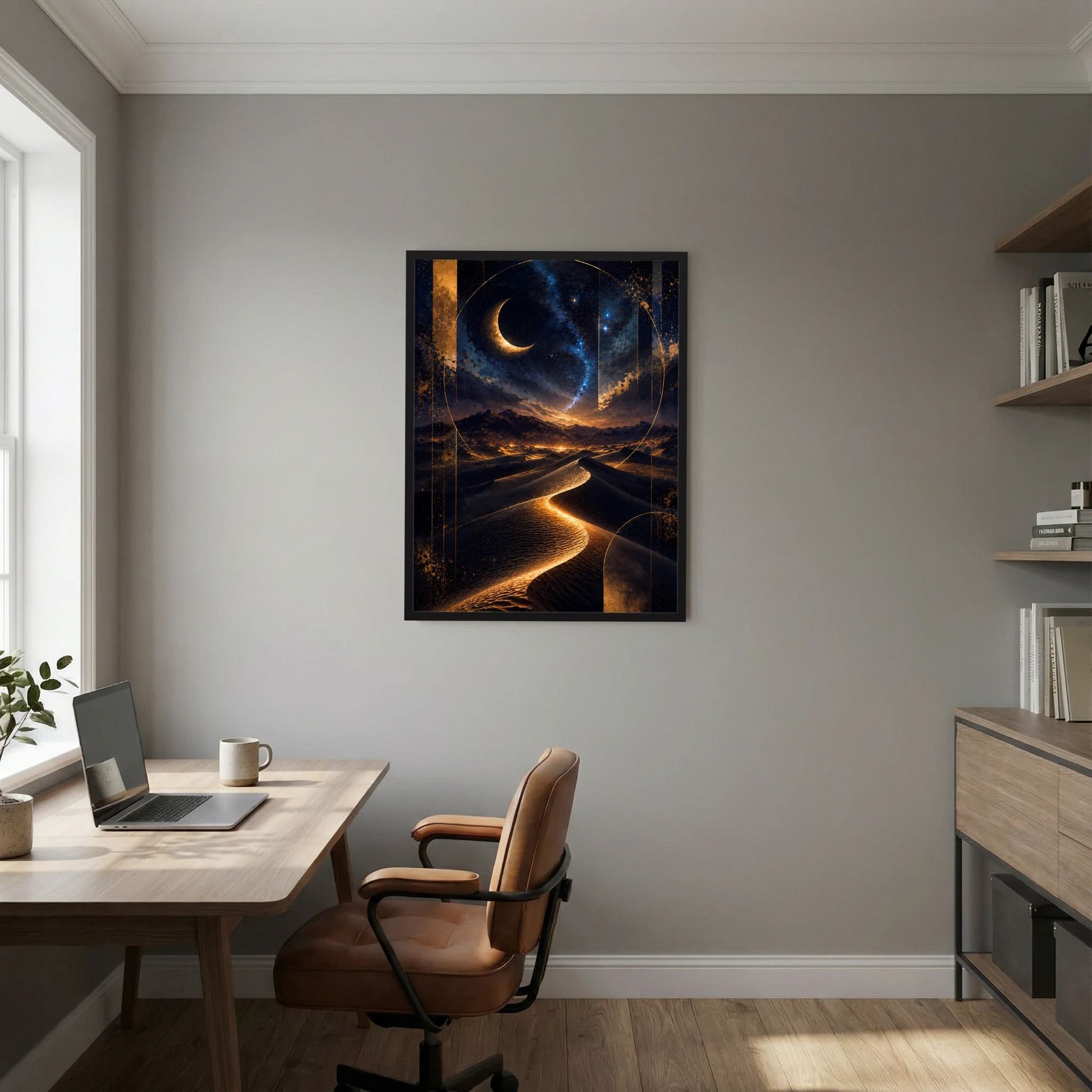 Hochformat-Poster mit Mondsichel, Sternenhimmel und goldenen Dünenwegen, im schwarzen Rahmen.