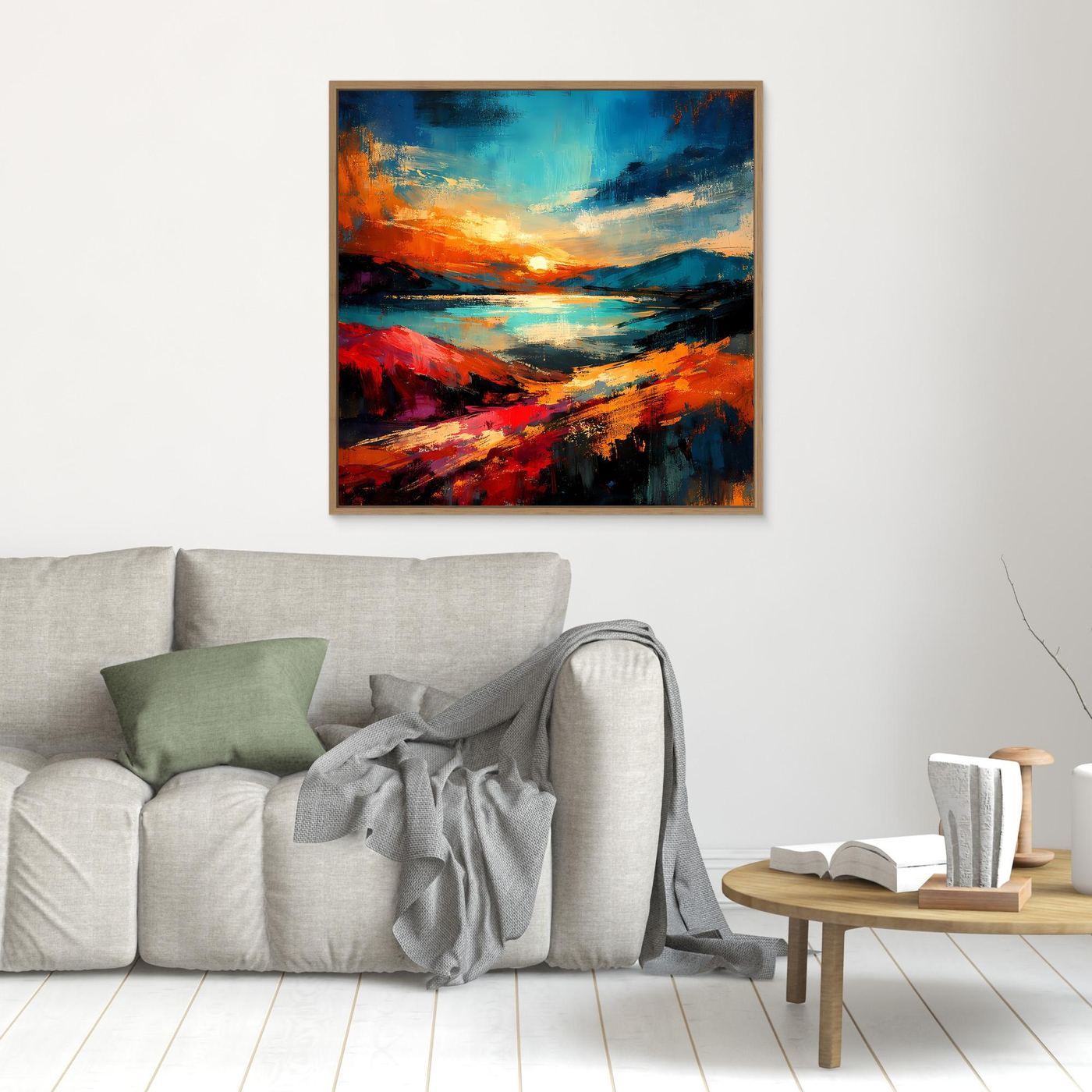 Kleines Leinwandbild (Holzrahmen) mit abstrakter Küstenlandschaft in Blau und Rot