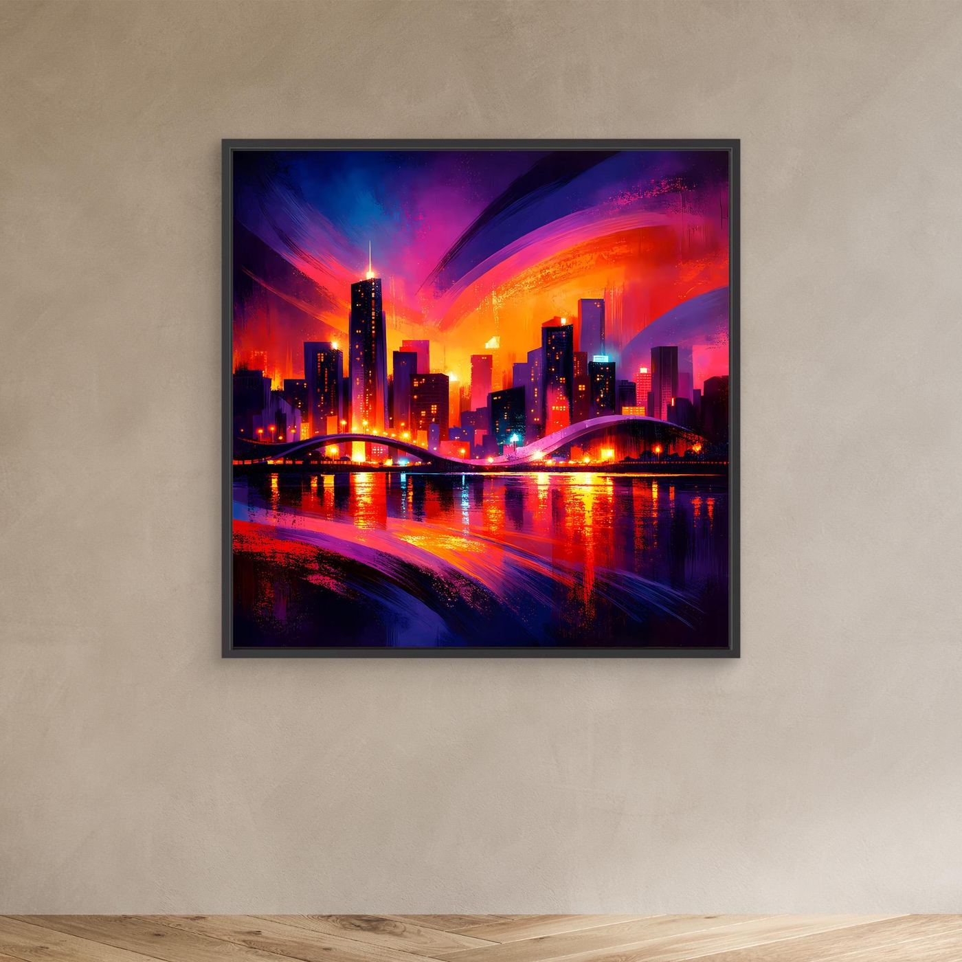 Wandbild auf Leinwand mit Neon-Skyline bei Nacht im schwarzen Rahmen an Wand