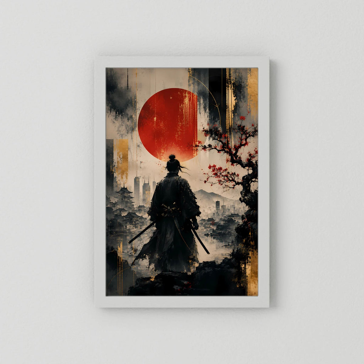 Kunstposter Hochformat an der Wand: schwarzer Samurai im Silhouette, rote Sonne im Hintergrund