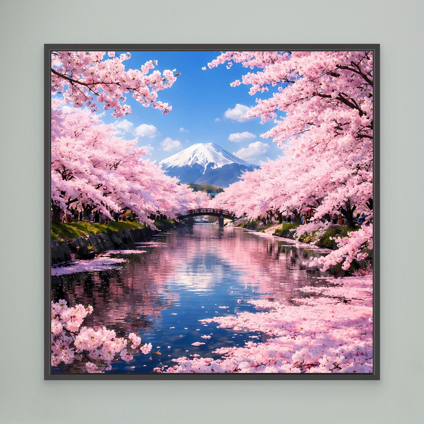 Leinwandbild mit rosa Kirschblüten, Berg Fuji und Fluss mit Brücke, schwarz gerahmt